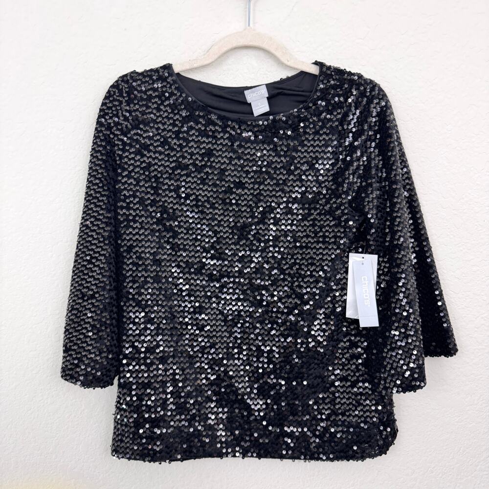 Chico's Womens Sequin Elbow Sleeve Knit Top Size S Party Event Bling Black